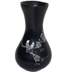 Asian Black Lacquer Mother of Pearl Inlay Bud Vase